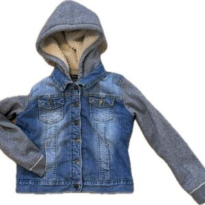 Vigoss Blue Denim Jacket with Gray Sleeves and Hood